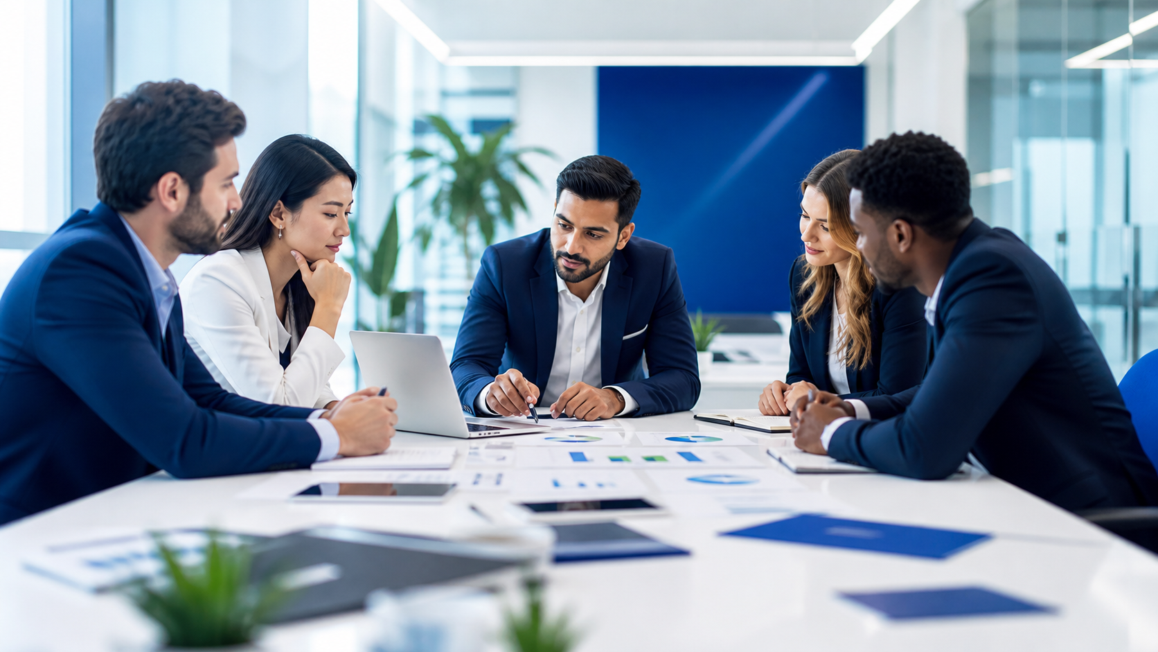 Business consulting meeting photo with startup strategy documents and growth planning