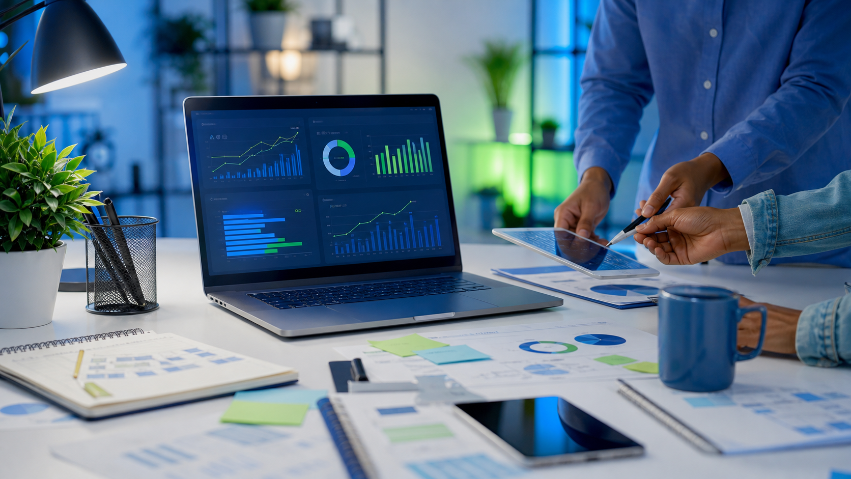 Digital marketing photo with analytics dashboard, campaign planning, and professional workspace